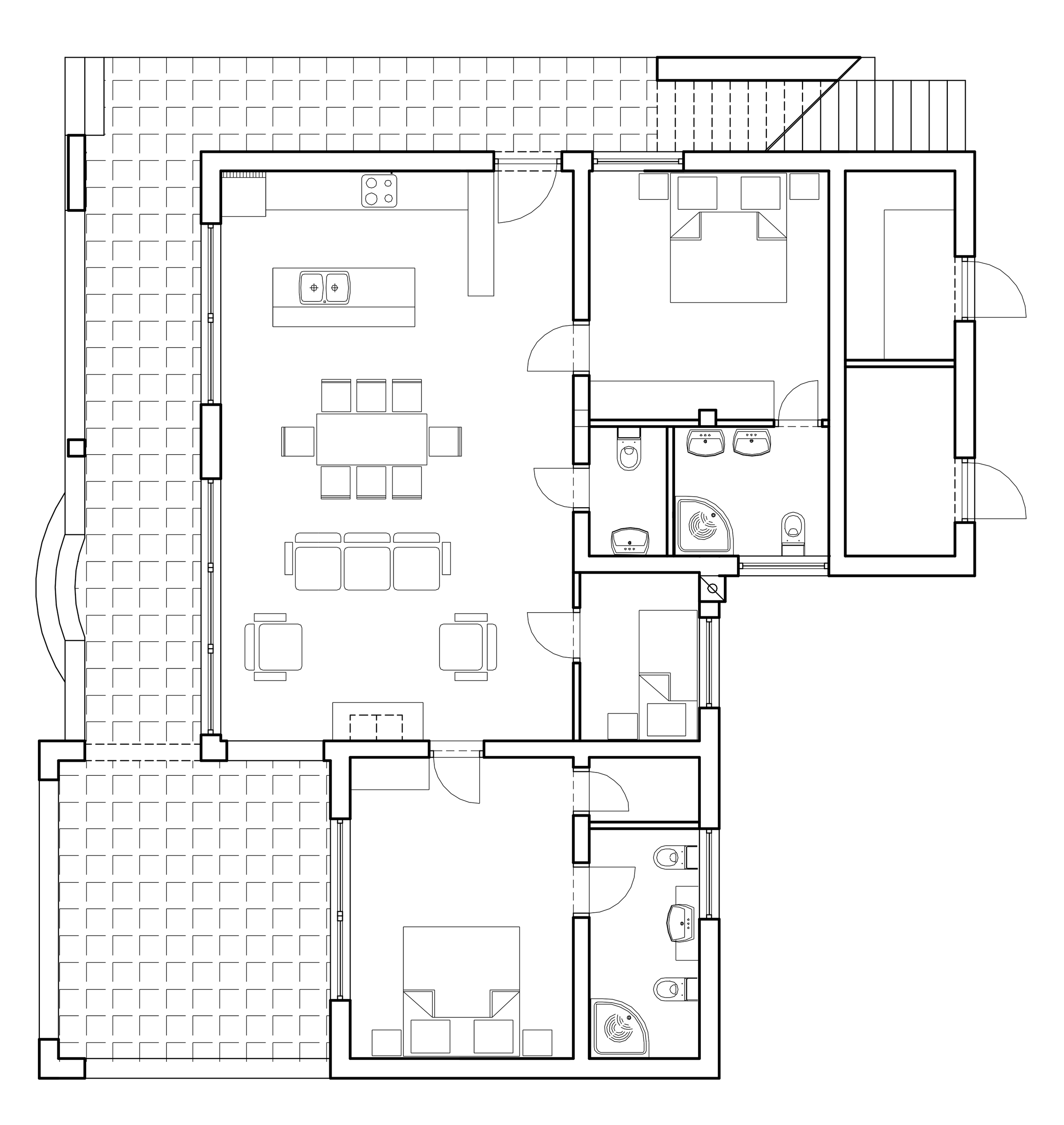 The ground floor has three bedrooms, three bathrooms, and a big open-plan living room and kitchen, opening onto a spacious garden terrace that's excellent for relaxation.